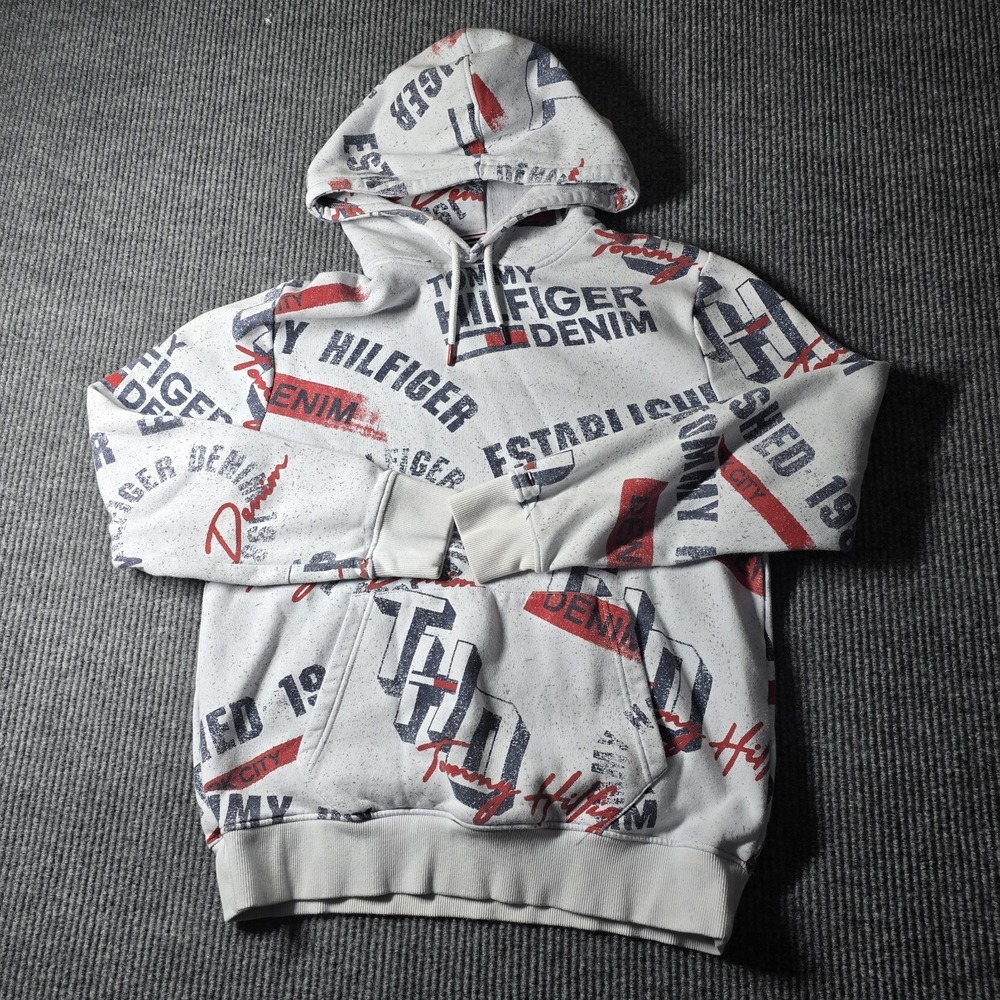 Tommy Hilfiger AOP Baggy Cropped Hoodie Pullover Sz XL Streetwear